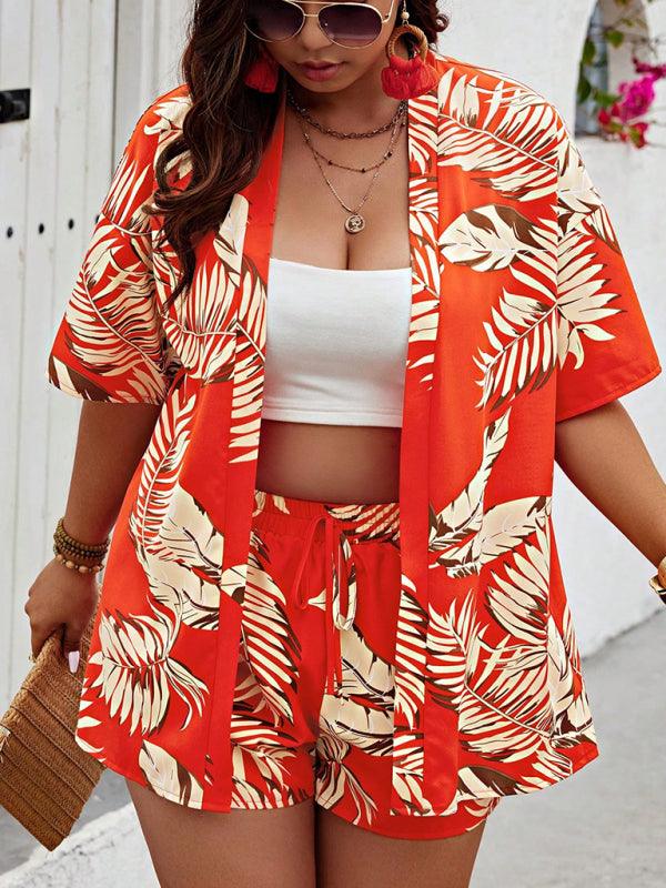 Fashionable printed casual resort style cardigan shorts suit - 808Lush