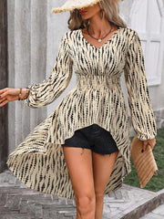 Women's Fashion Casual V-Neck Printed Irregular Hem Long Sleeve Long Top - 808Lush