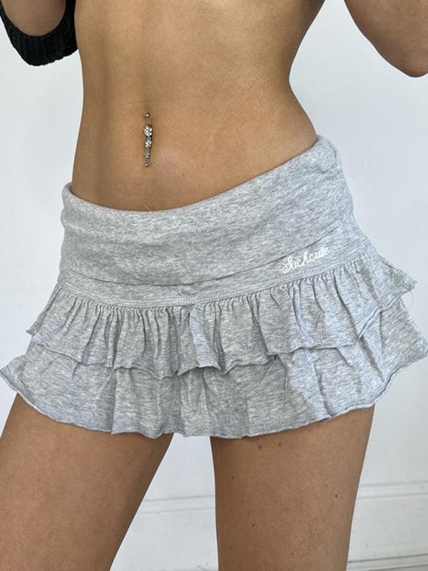 Sexy cuffed low-waist small letter embroidered ruffle skirt sweet hottie sports cake culottes - 808Lush