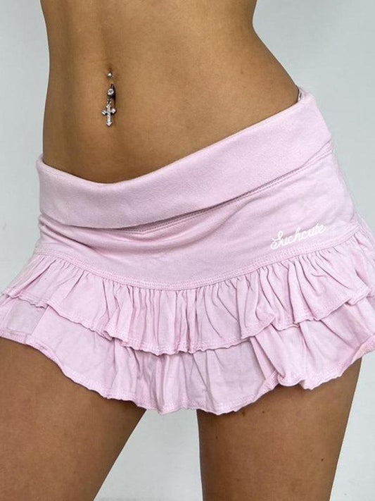 Sexy cuffed low-waist small letter embroidered ruffle skirt sweet hottie sports cake culottes - 808Lush