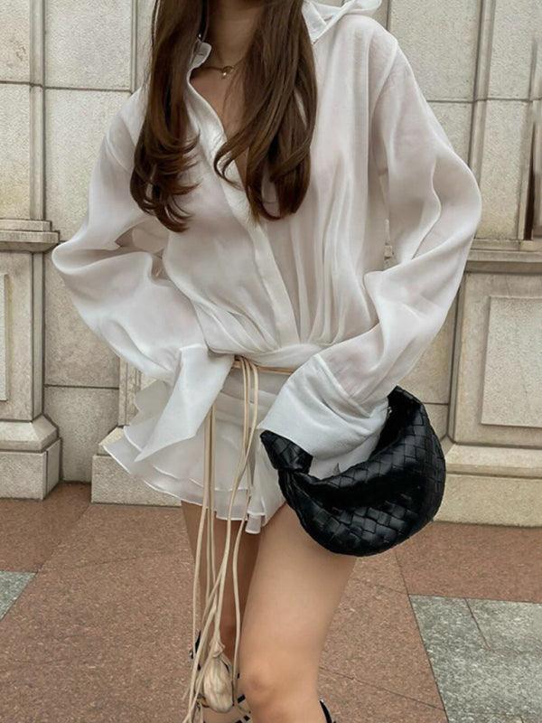 ruffled white V-neck shirt dress hot girl skirt - 808Lush