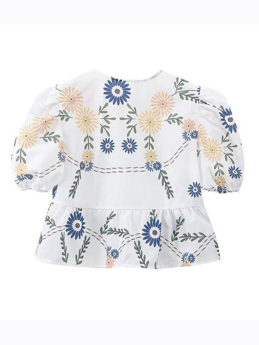 Women's irregular floral print V-neck short-sleeved bow-detailed lace-up shirt top - 808Lush