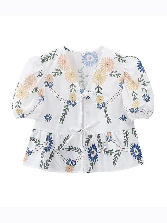 Women's irregular floral print V-neck short-sleeved bow-detailed lace-up shirt top - 808Lush