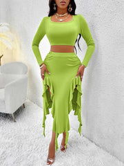 Women's Solid Color Round Neck Long Sleeve Top Ruffled Skirt Suit - 808Lush