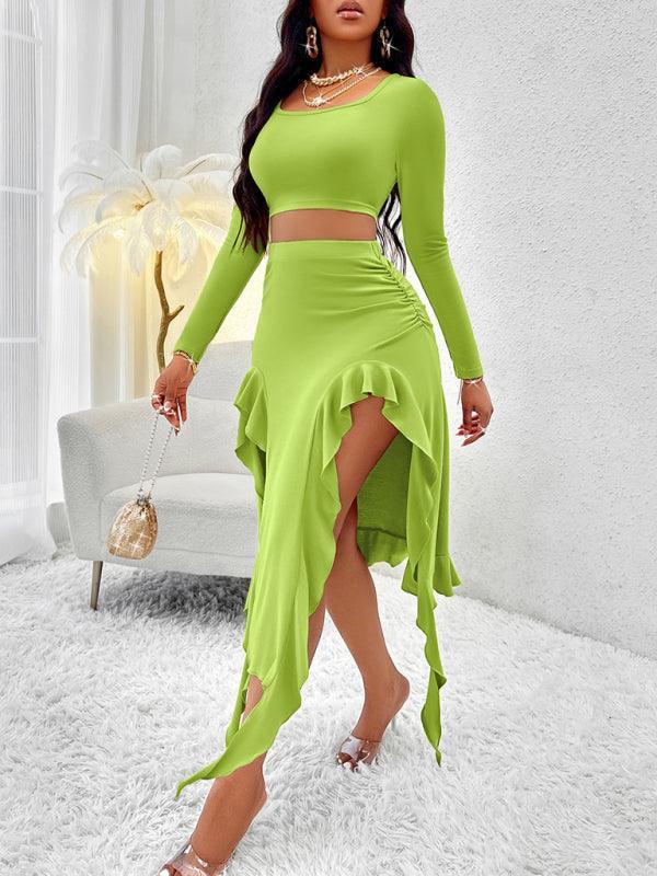 Women's Solid Color Round Neck Long Sleeve Top Ruffled Skirt Suit - 808Lush