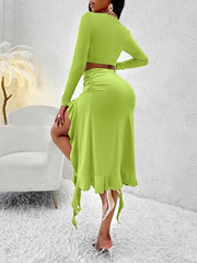 Women's Solid Color Round Neck Long Sleeve Top Ruffled Skirt Suit - 808Lush