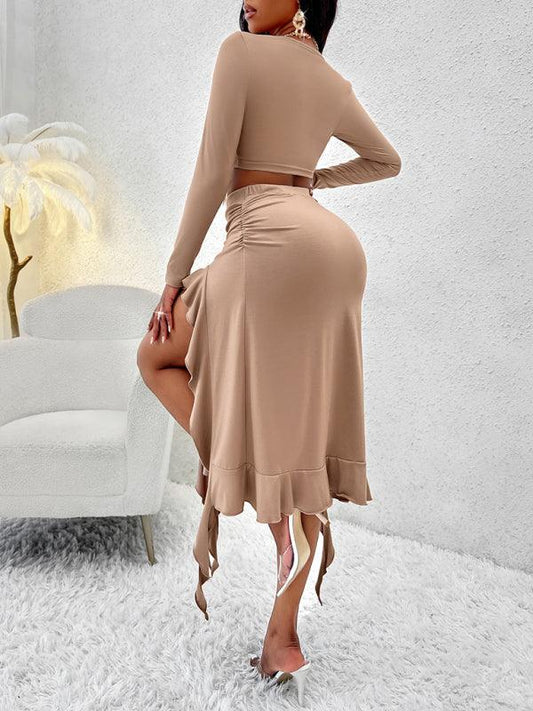 Women's Solid Color Round Neck Long Sleeve Top Ruffled Skirt Suit - 808Lush