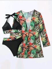 sexy bikini push-up split printed mesh three-piece set - 808Lush