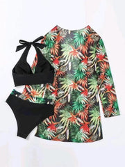 sexy bikini push-up split printed mesh three-piece set - 808Lush