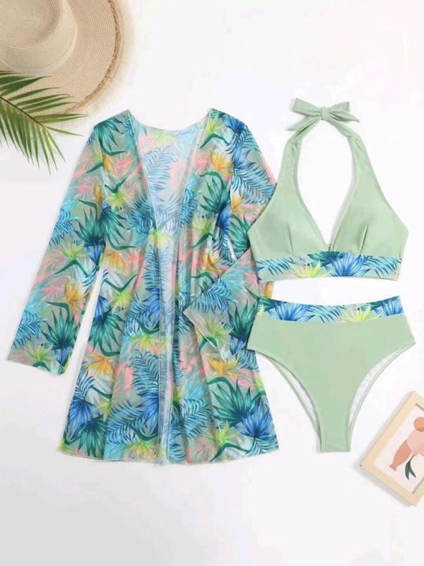 sexy bikini push-up split printed mesh three-piece set - 808Lush