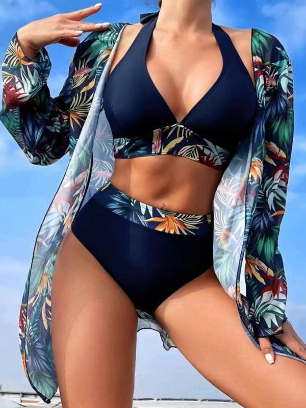 sexy bikini push-up split printed mesh three-piece set - 808Lush