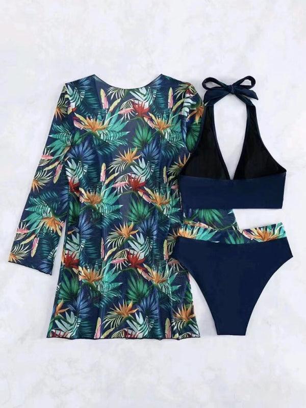 sexy bikini push-up split printed mesh three-piece set - 808Lush