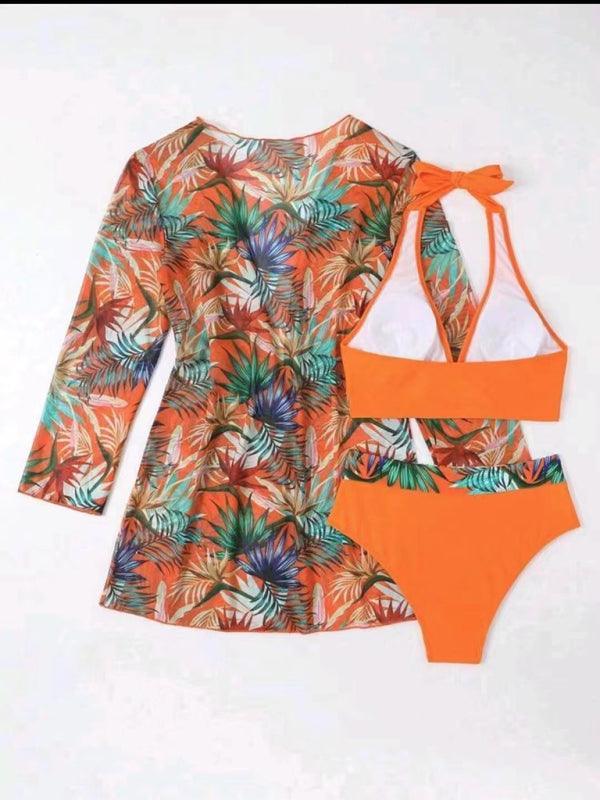 sexy bikini push-up split printed mesh three-piece set - 808Lush