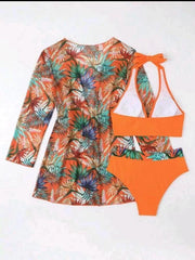 sexy bikini push-up split printed mesh three-piece set - 808Lush