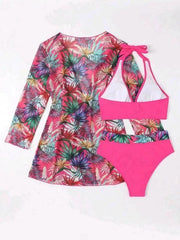 sexy bikini push-up split printed mesh three-piece set - 808Lush