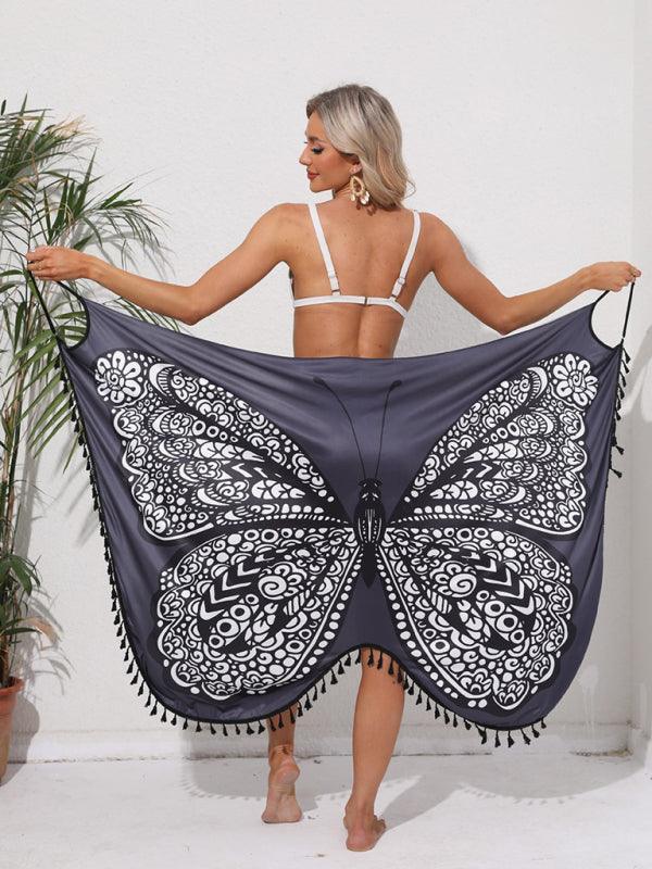 holiday style butterfly print suspender strappy backless beach cover up - 808Lush