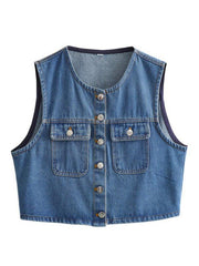 round neck single breasted pocket short denim vest - 808Lush