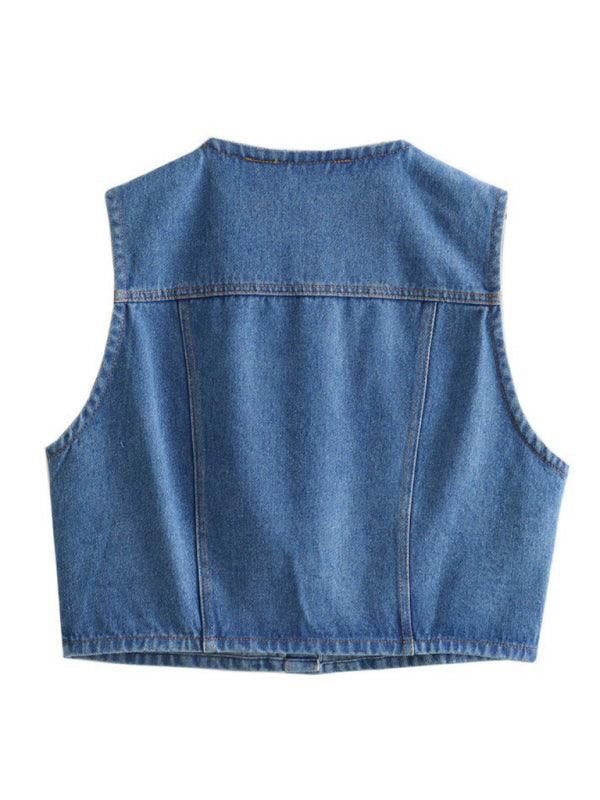 round neck single breasted pocket short denim vest - 808Lush