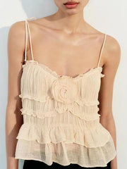 flower layered decorative small strap ruffled top - 808Lush