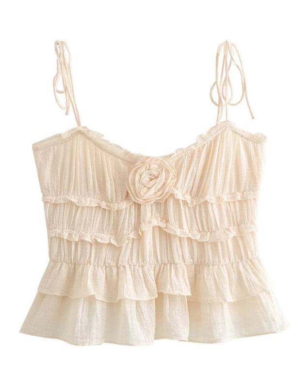 flower layered decorative small strap ruffled top - 808Lush