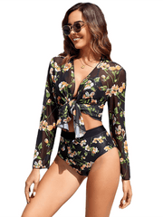 bikini botanical print lace-up resort swimsuit three-piece set - 808Lush