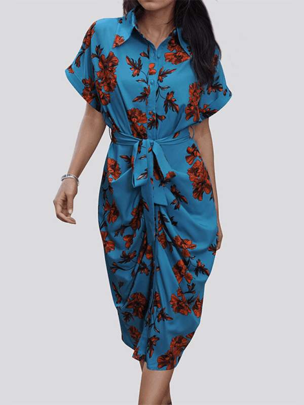 Women's elegant commuting lace-up printed shirt dress - 808Lush