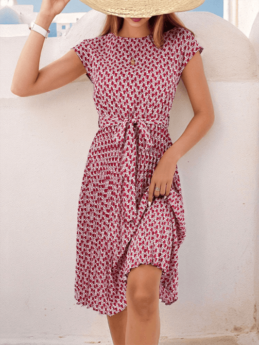 Women's Elegant Short Sleeve Lace Up Pleated Print Dress - 808Lush