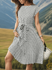 Women's Elegant Short Sleeve Lace Up Pleated Print Dress - 808Lush