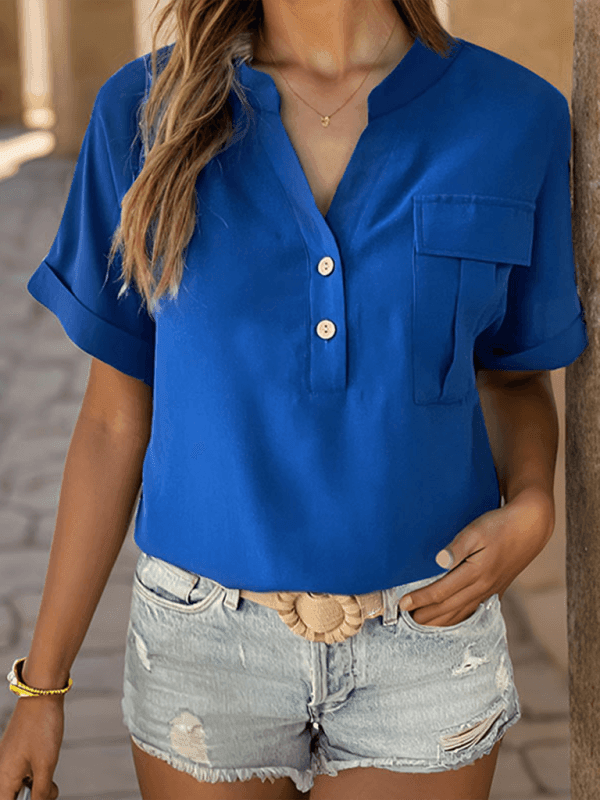 Women's short sleeve solid color v-neck shirt - 808Lush