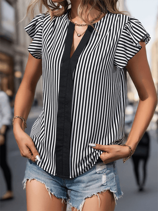 contrasting color vertical stripe ruffle sleeve pullover shirt - 808Lush