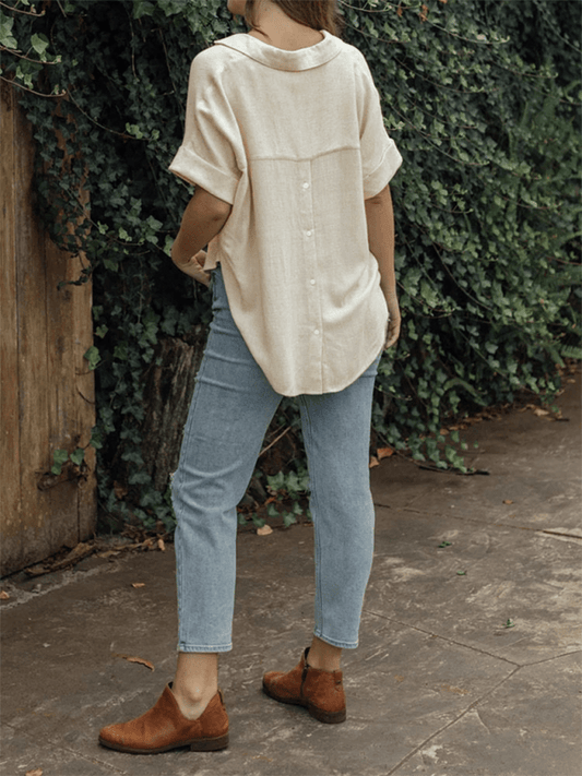 Women's solid color casual comfortable cotton and linen shirt - 808Lush