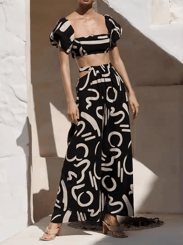 puff sleeve top, hollow long skirt, split skirt set - 808Lush