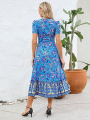 Sexy short-sleeved V-neck dress, bohemian beach retro floral skirt - 808Lush