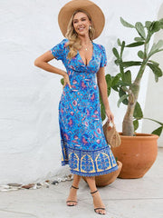 Sexy short-sleeved V-neck dress, bohemian beach retro floral skirt - 808Lush