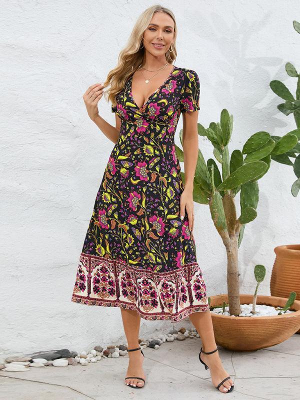 Sexy short-sleeved V-neck dress, bohemian beach retro floral skirt - 808Lush