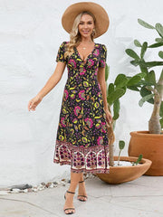 Sexy short-sleeved V-neck dress, bohemian beach retro floral skirt - 808Lush