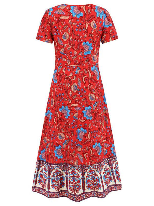 Sexy short-sleeved V-neck dress, bohemian beach retro floral skirt - 808Lush