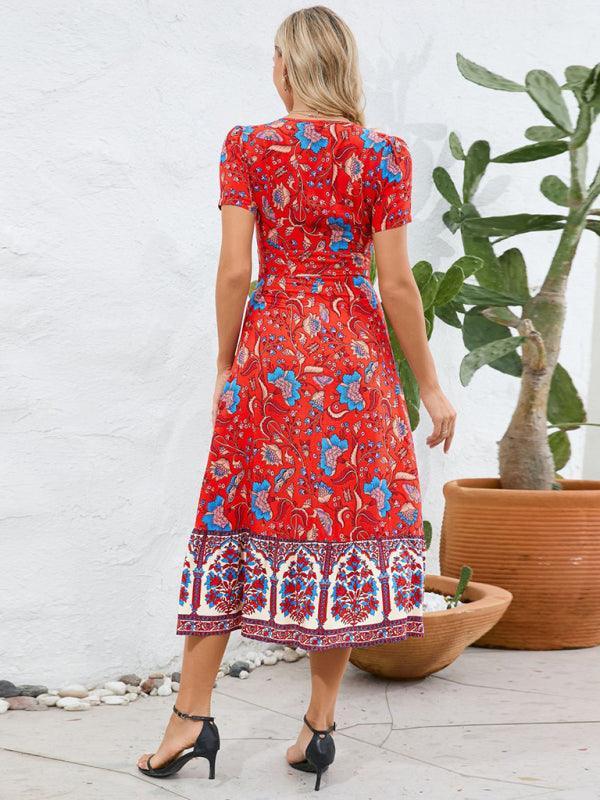 Sexy short-sleeved V-neck dress, bohemian beach retro floral skirt - 808Lush