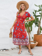 Sexy short-sleeved V-neck dress, bohemian beach retro floral skirt - 808Lush