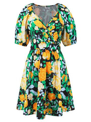 V-neck beach lantern sleeve floral mini dress - 808Lush