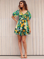 V-neck beach lantern sleeve floral mini dress - 808Lush