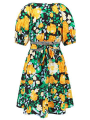 V-neck beach lantern sleeve floral mini dress - 808Lush