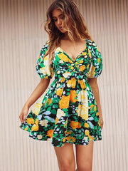 V-neck beach lantern sleeve floral mini dress - 808Lush