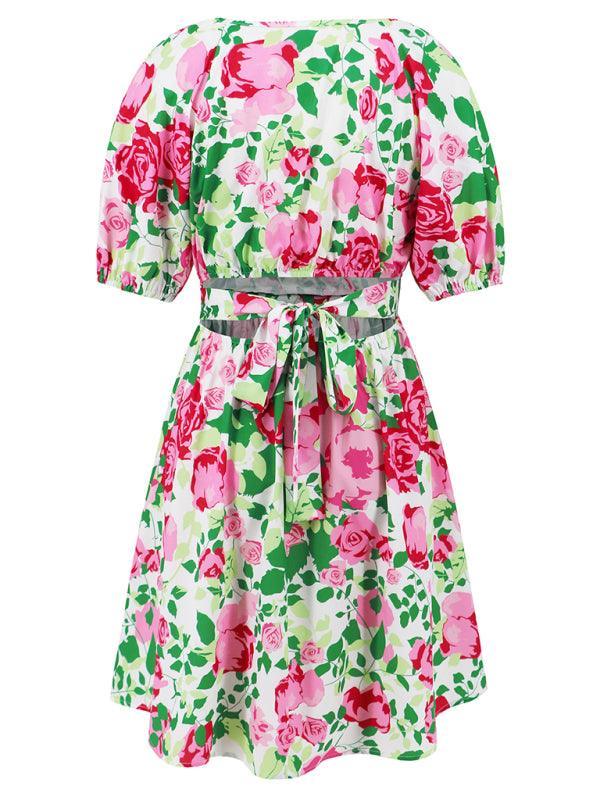 V-neck beach lantern sleeve floral mini dress - 808Lush