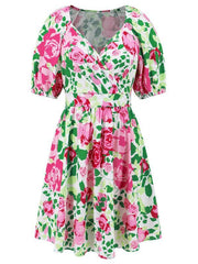 V-neck beach lantern sleeve floral mini dress - 808Lush