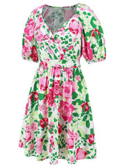 V-neck beach lantern sleeve floral mini dress - 808Lush