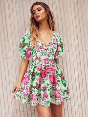 V-neck beach lantern sleeve floral mini dress - 808Lush