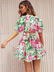 V-neck beach lantern sleeve floral mini dress - 808Lush