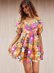 V-neck beach lantern sleeve floral mini dress - 808Lush