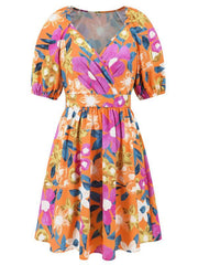 V-neck beach lantern sleeve floral mini dress - 808Lush